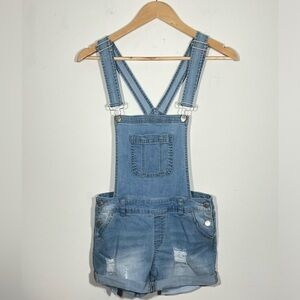 Wax Jeans Overall Shortall Women’s Sz S Cuffs Distressed Medium Wash Pockets